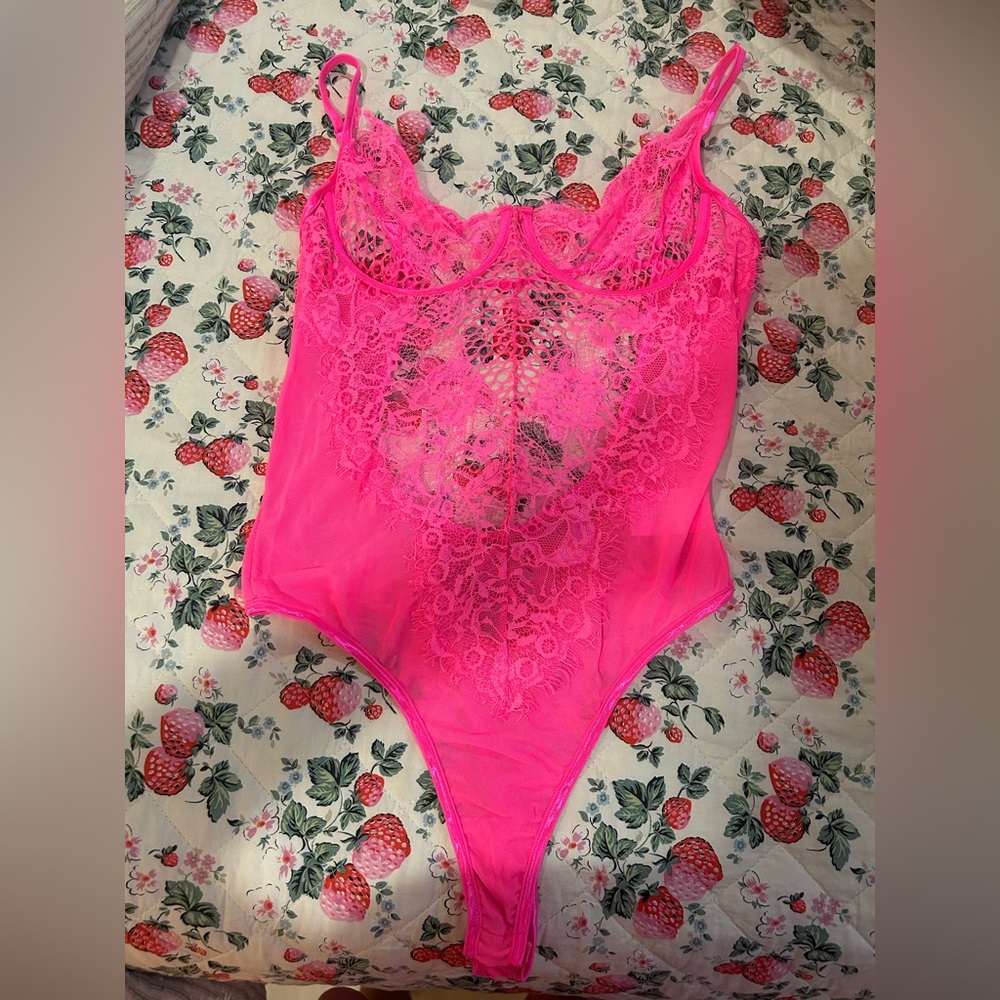 Neon Pink Lace Lingerie Bodysuit Club Sexy Floral